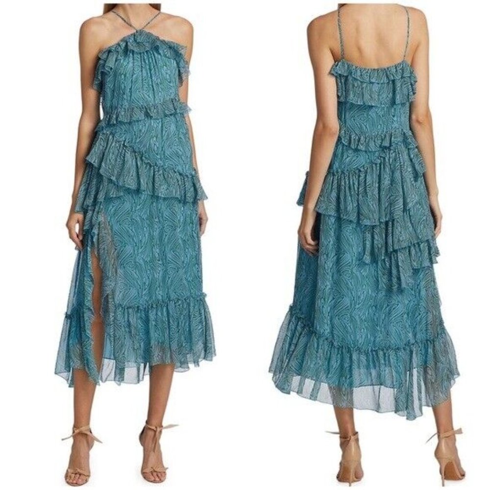 CINQ A SEPT RAYNER ASYMMETRICAL RUFFLE HALTER MIDI BLUE/GREEN DRESS sz 0